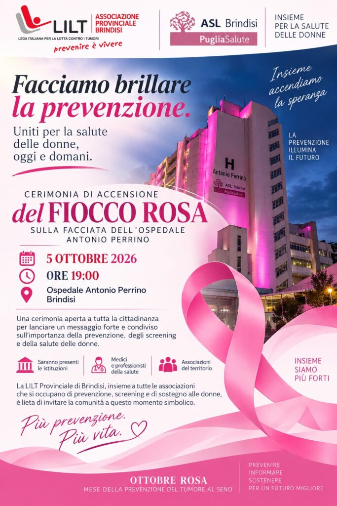 Locandina: FIOCCO ROSA SULLA FACCIATA DELL’OSPEDALE PERRINO DI BRINDISI