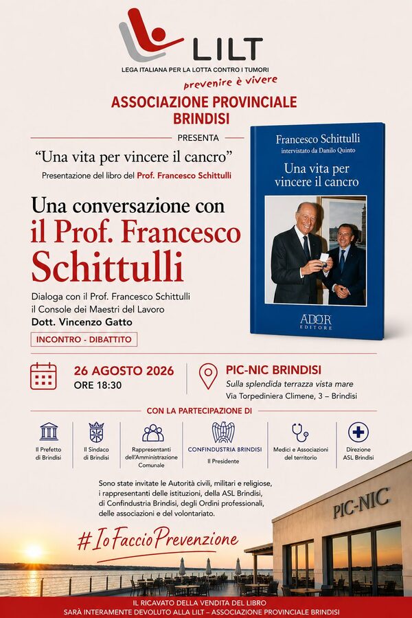 Locandina: Una vita per vincere il cancro, conversazione con il Prof. Francesco Schittulli